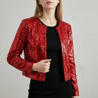 Tailored Cropped Sequined Cardigan Jacket with Structured Silhouette