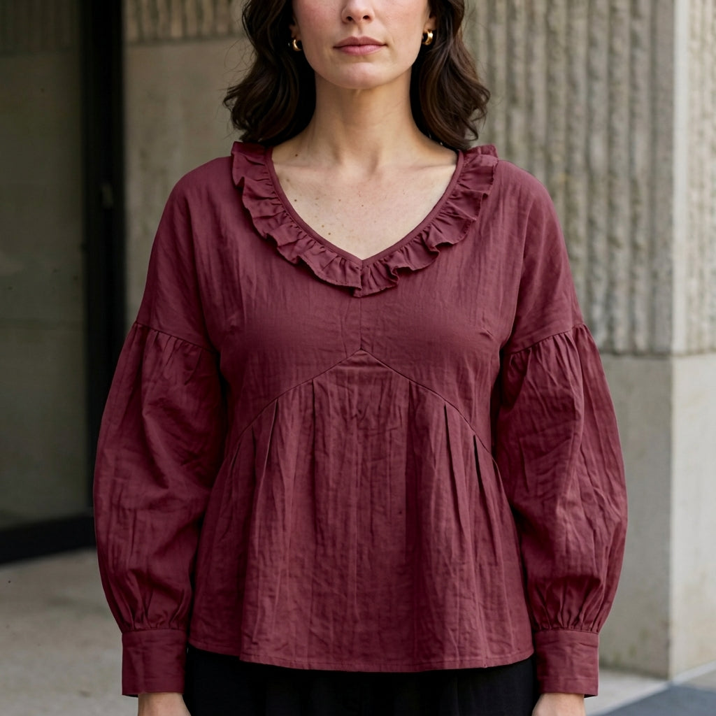 Relaxed Ruffle Trim V-Neck Peasant Blouse