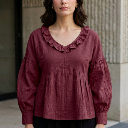 Relaxed Ruffle Trim V-Neck Peasant Blouse
