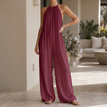 Pleated Halter Jumpsuit with Flowing Wide Leg Silhouette