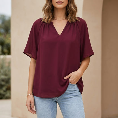 Relaxed V-Neck Blouse with Gathered Neckline and Flutter Sleeves