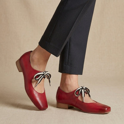 Square-Toe Ballerinas with Braided Lace-Up and Low Block Heel