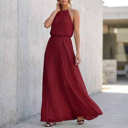 Elegant Pleated Halter Neck Maxi Dress with Flowing Silhouette