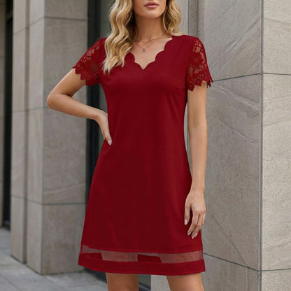 Elegant Lace Sleeve Scalloped Neck Shift Dress