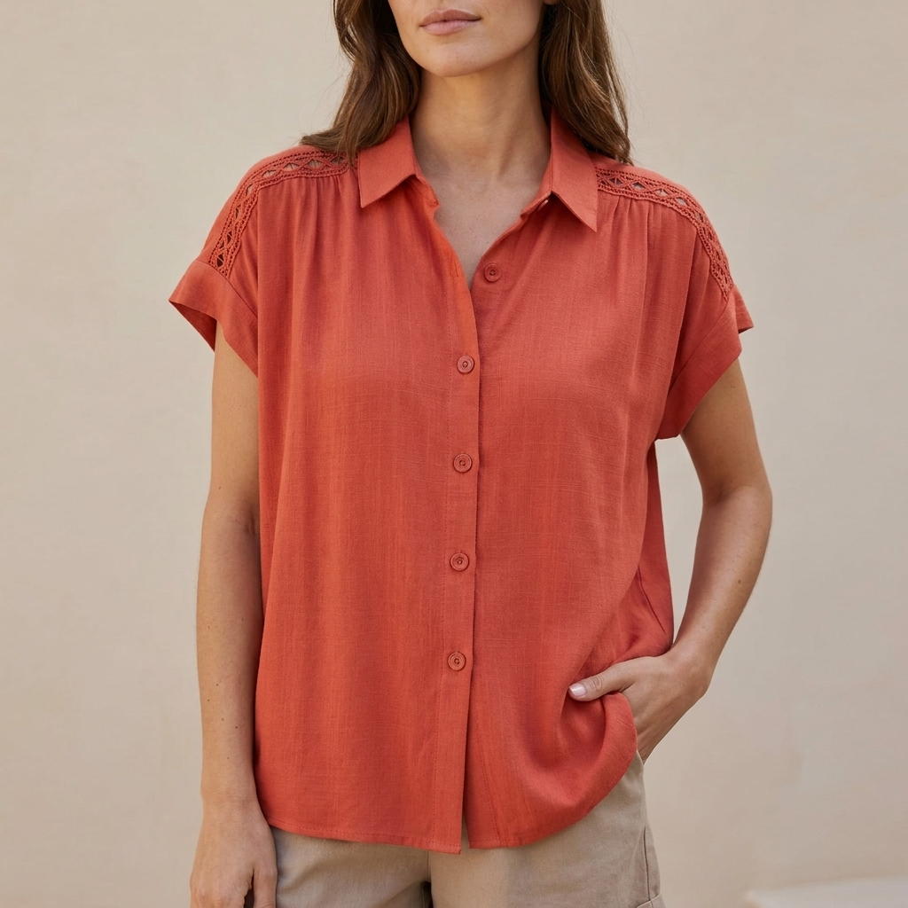Relaxed Short-Sleeve Blouse with Delicate Crochet Lace Accents