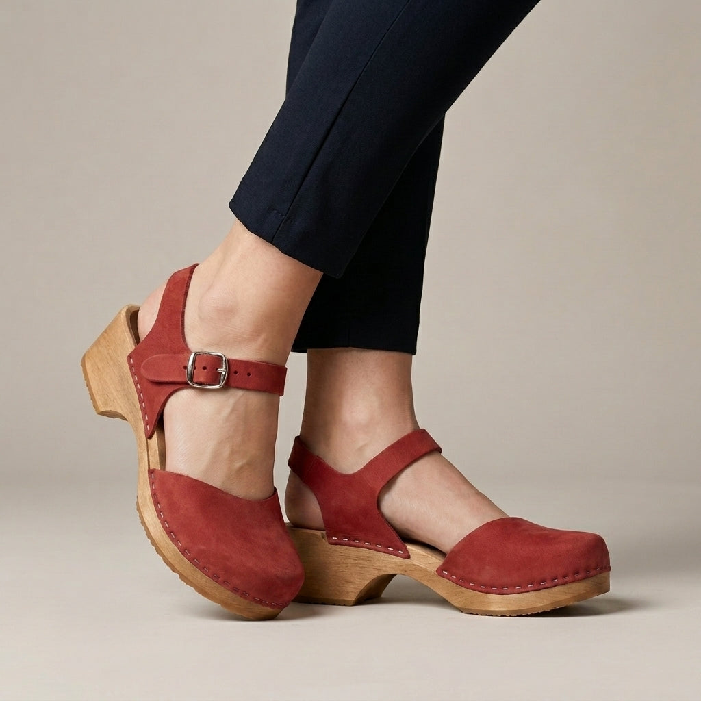 Classic Buckle Strap Clog Sandals with Elevated Wooden Sole
