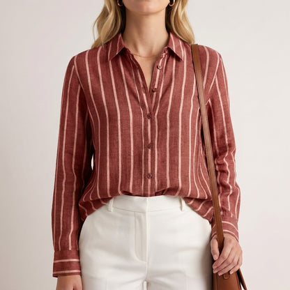 Relaxed Fit Woven Blouse with Stand Collar and Vertical Stripes