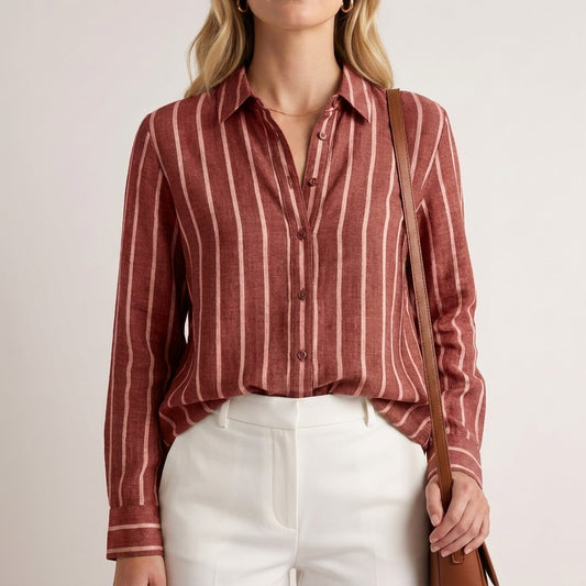 Relaxed Fit Woven Blouse with Stand Collar and Vertical Stripes