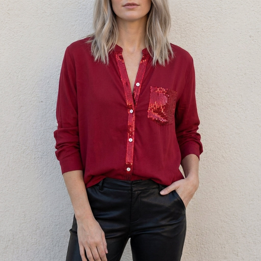 Relaxed Button-Front Statement Pocket Blouse