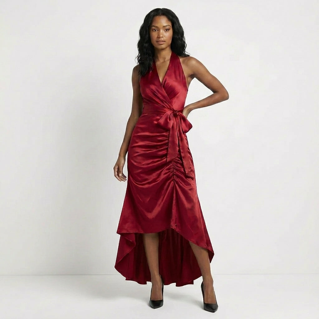 Satin Halter Neck Wrap Maxi Dress with Bow Tie Waist and Ruffled Hem