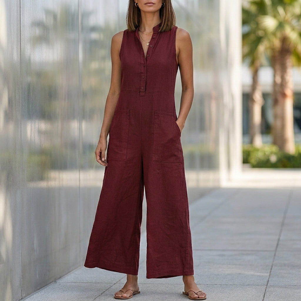 Textured Wide-Leg Sleeveless Jumpsuit with Stand Collar and Pockets
