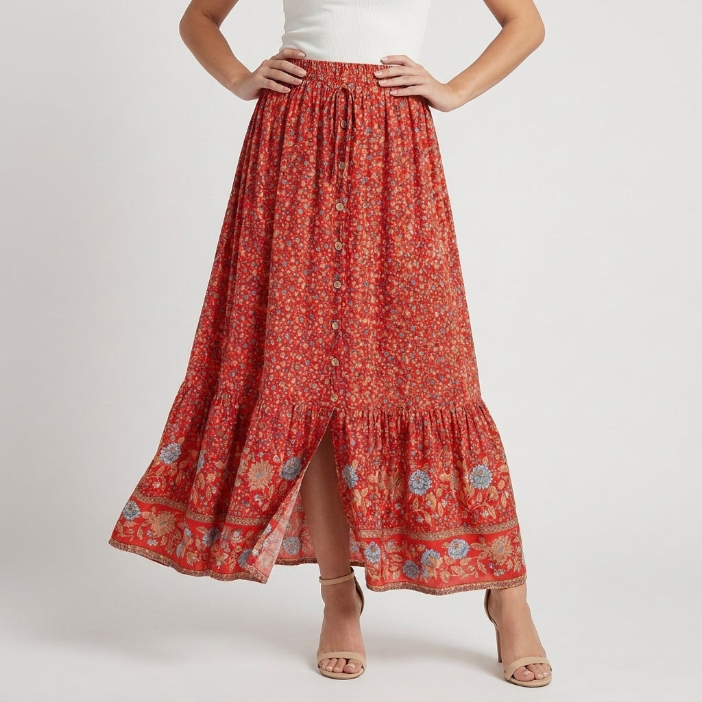 Bohemian Floral Maxi Skirt with Tiered Hem Detail