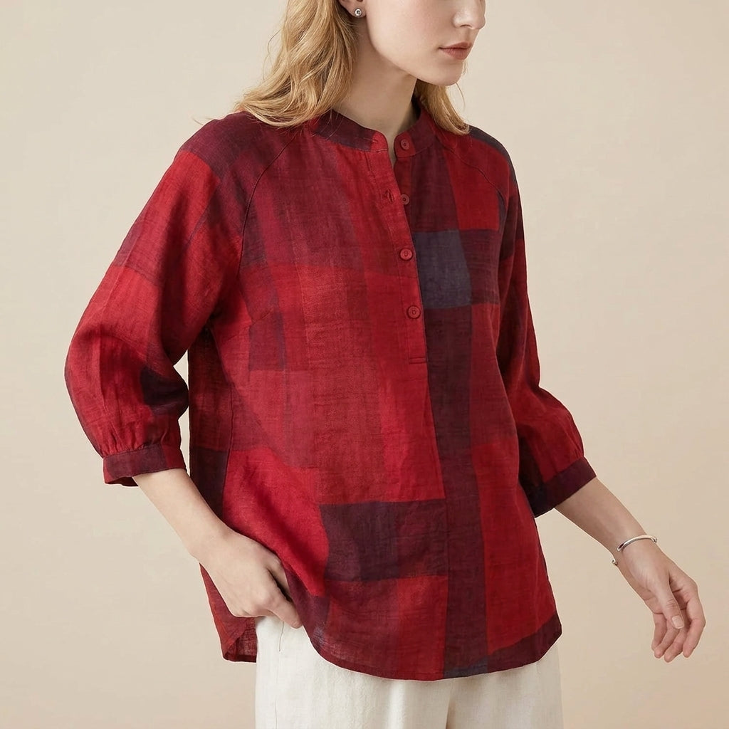 Relaxed Lantern Sleeve Blouse with Mandarin Collar and Curved Hem