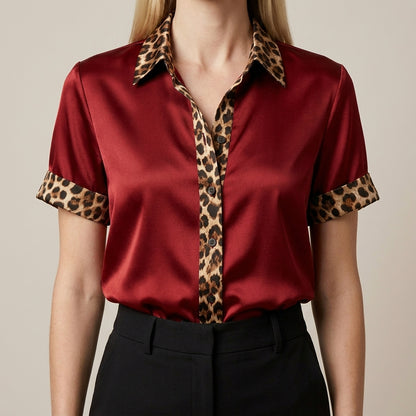 Leopard Trim Satin Button-Front Statement Blouse