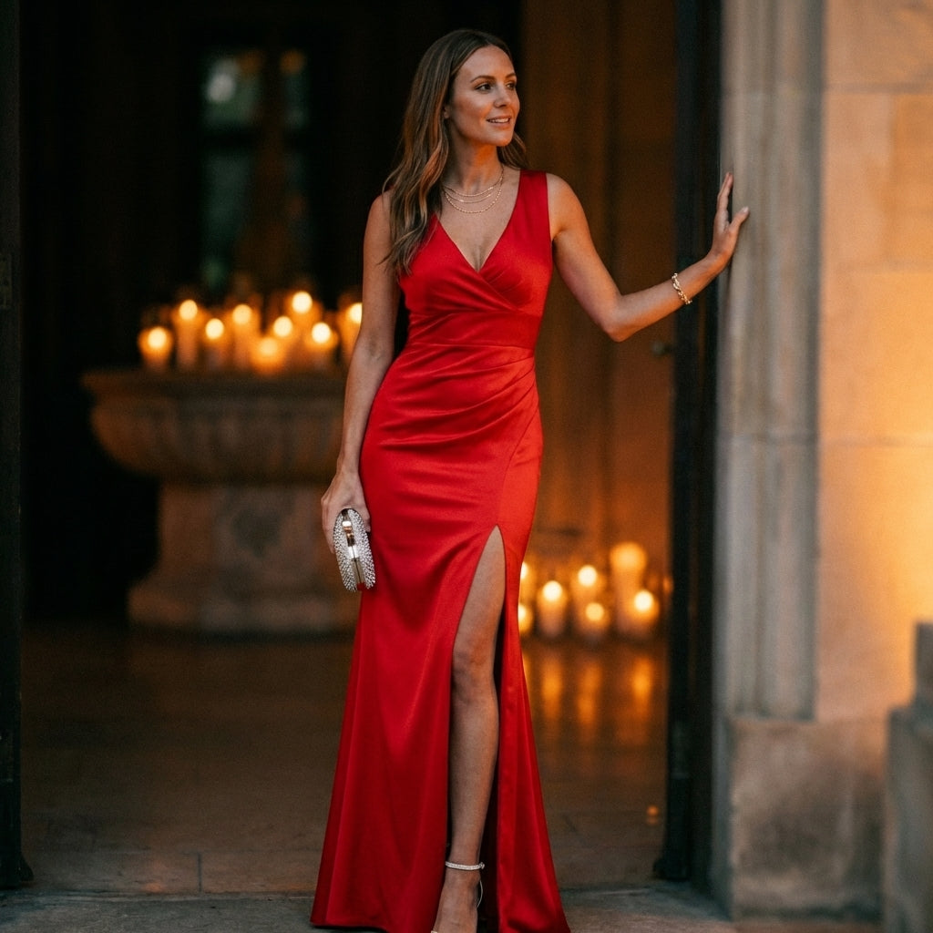 Sophisticated Fitted Maxi Dress with V-Neck Wrap and High Slit