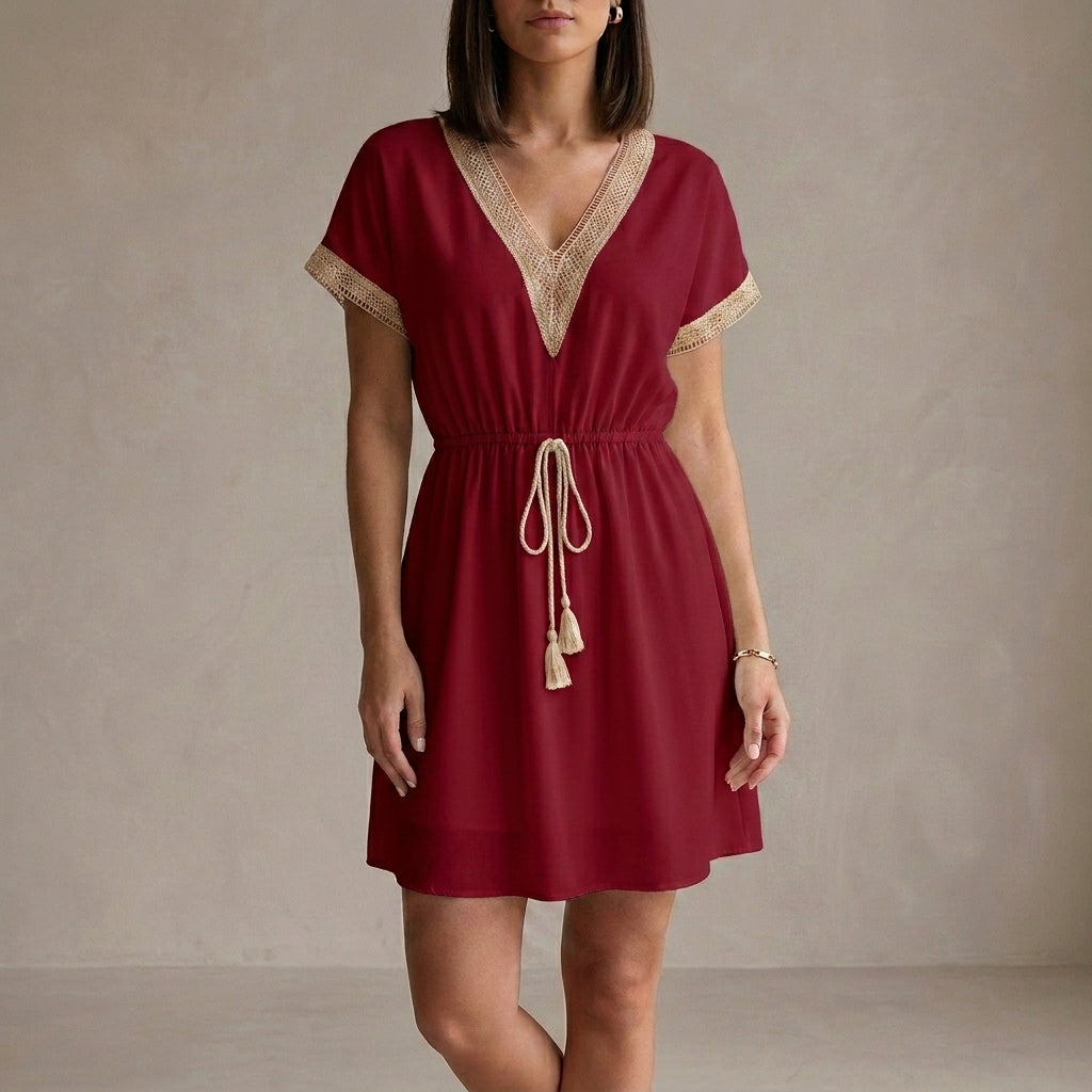 Lightweight Lace-Trimmed Mini Dress with Cinched Waist and V-Neckline