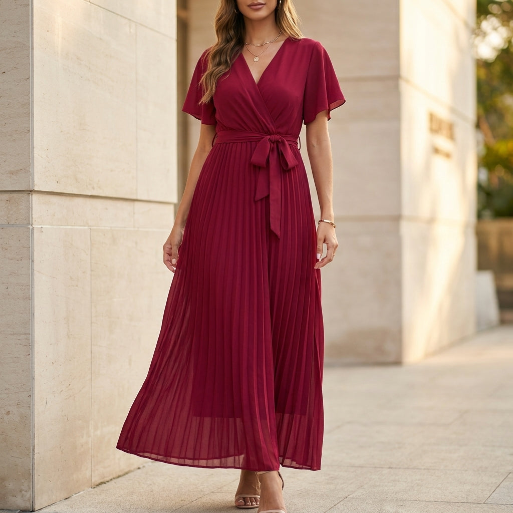 Elegant Pleated Chiffon Maxi Dress with Wrap V-Neck and Flutter Sleeves