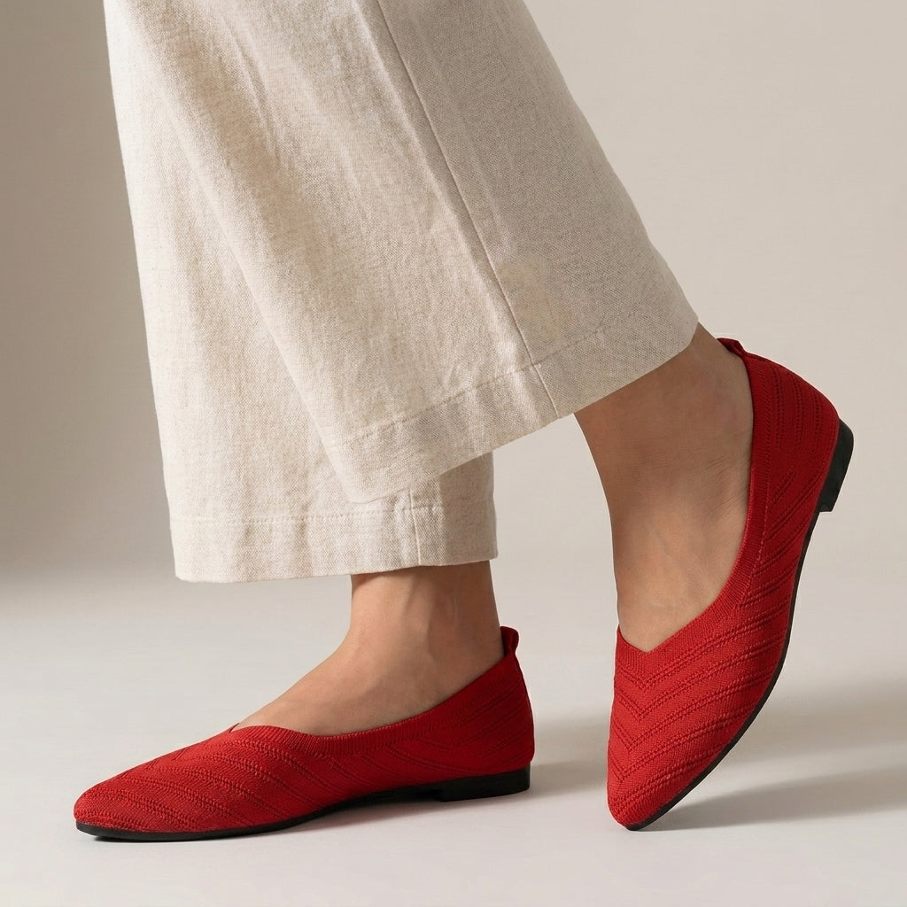 Ribbed Knit Pointed-Toe Flats with V-Cut Silhouette