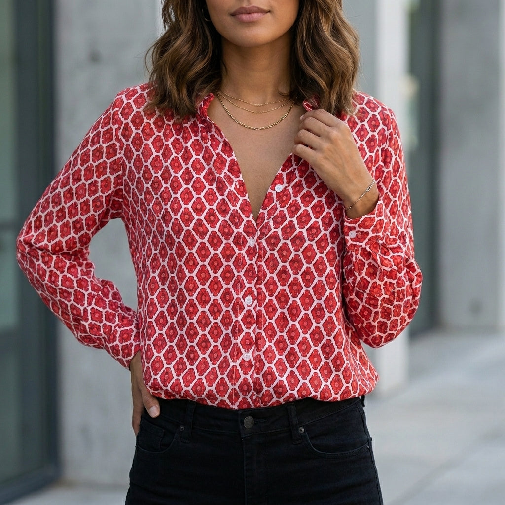 Relaxed V-Neck Geometric Printed Long-Sleeve Woven Blouse