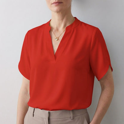 Dionne Relaxed V-Neck Blouse with Band Collar and Split Sleeves