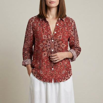 Botanical Print Relaxed Blouse with Embroidered V-Neck Detail