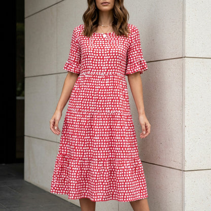 Soft Mosaic Print Tiered Midi Dress