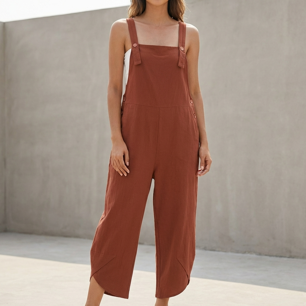 Oversized Wide-Leg Suspender Jumpsuit with Square Neckline and Pockets