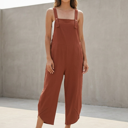 Oversized Wide-Leg Suspender Jumpsuit with Square Neckline and Pockets