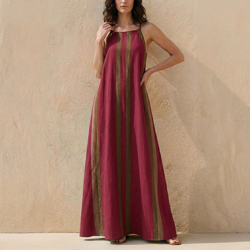 Flowing Stripe Detail Maxi Dress with Spaghetti Straps