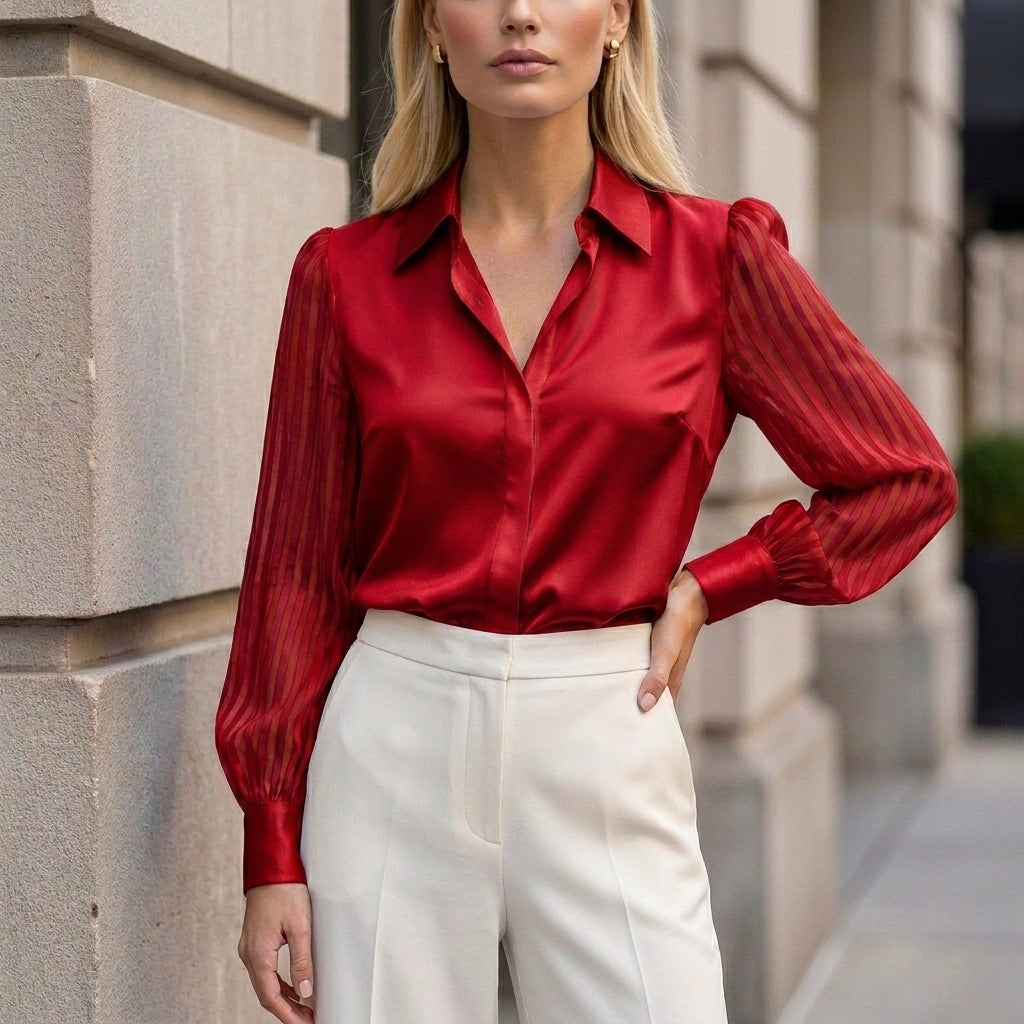 Tailored Polo Collar Blouse with Sheer Striped Balloon Sleeves