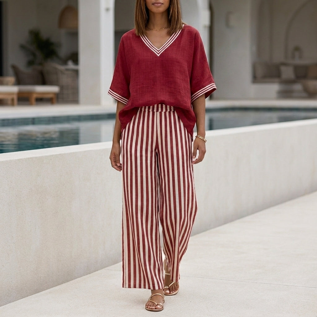 Relaxed V-Neck Two-Piece Set with Wide-Leg Striped Trousers