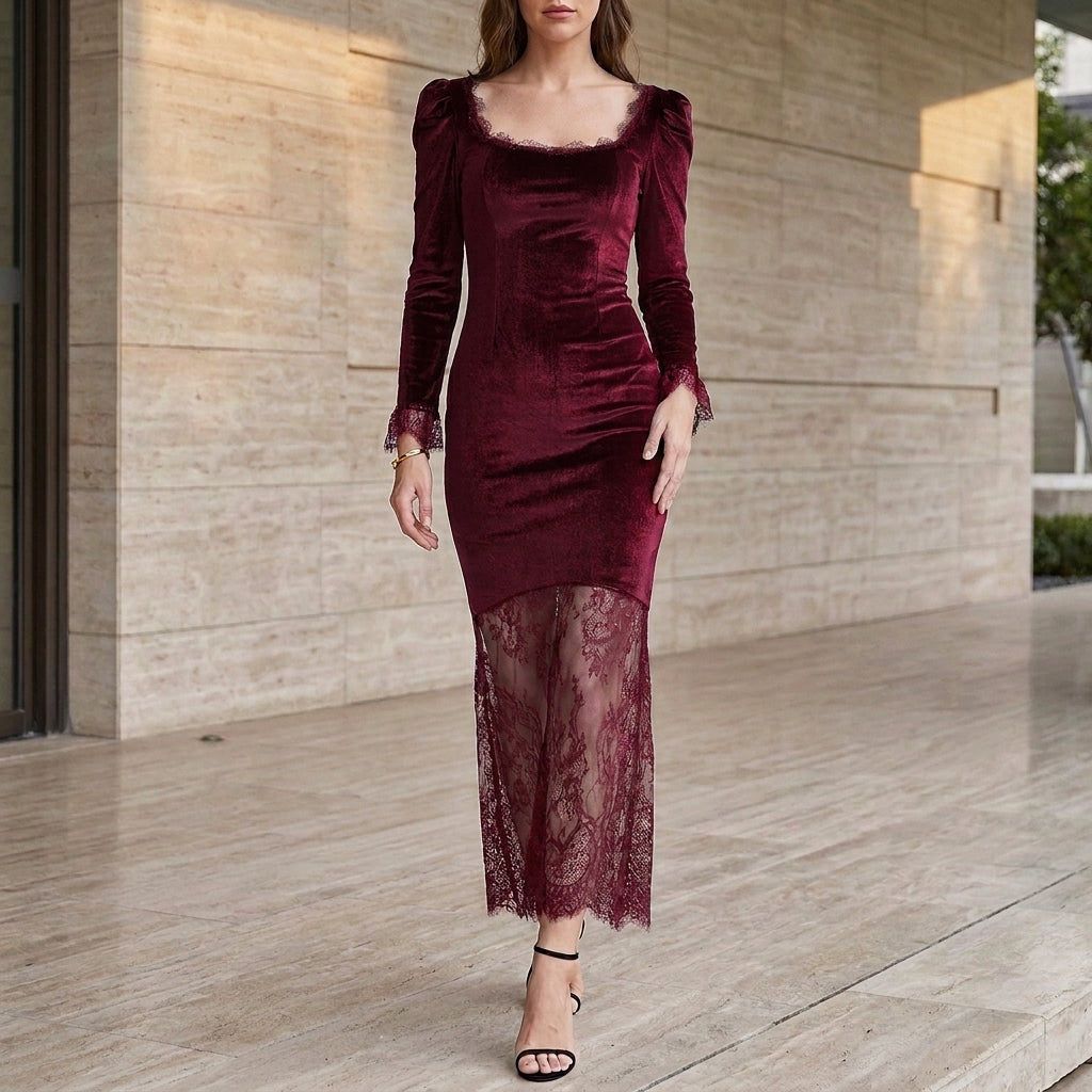 Fitted French-Inspired Lace Patchwork Midi Dress with Sheer Hem