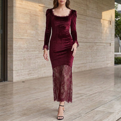 Fitted French-Inspired Lace Patchwork Midi Dress with Sheer Hem