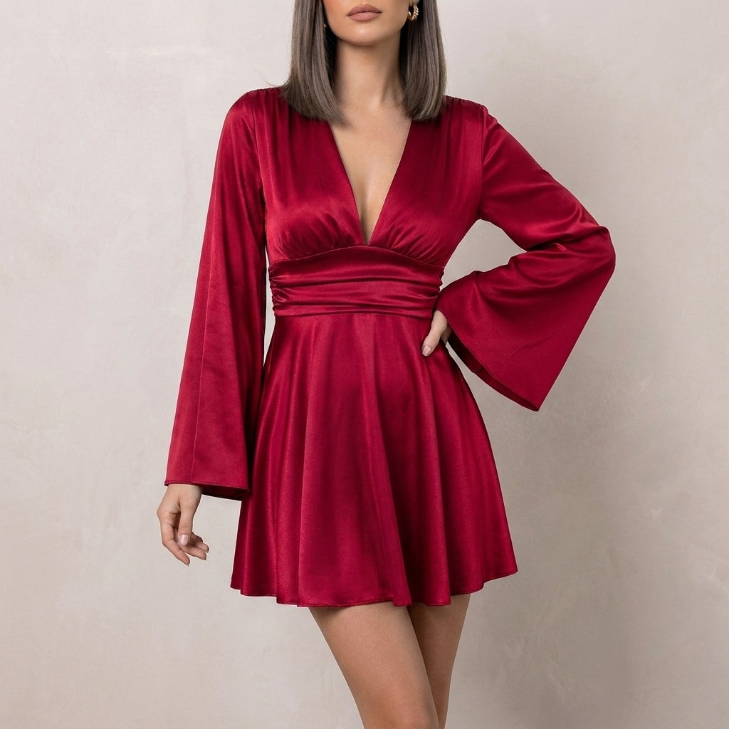 Silky Deep V-Neck Mini Dress with Flowing Bell Sleeve Elegance