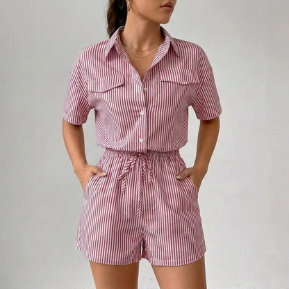 Tailored Vertical Stripe Romper with Collared Neckline and Drawstring Waist