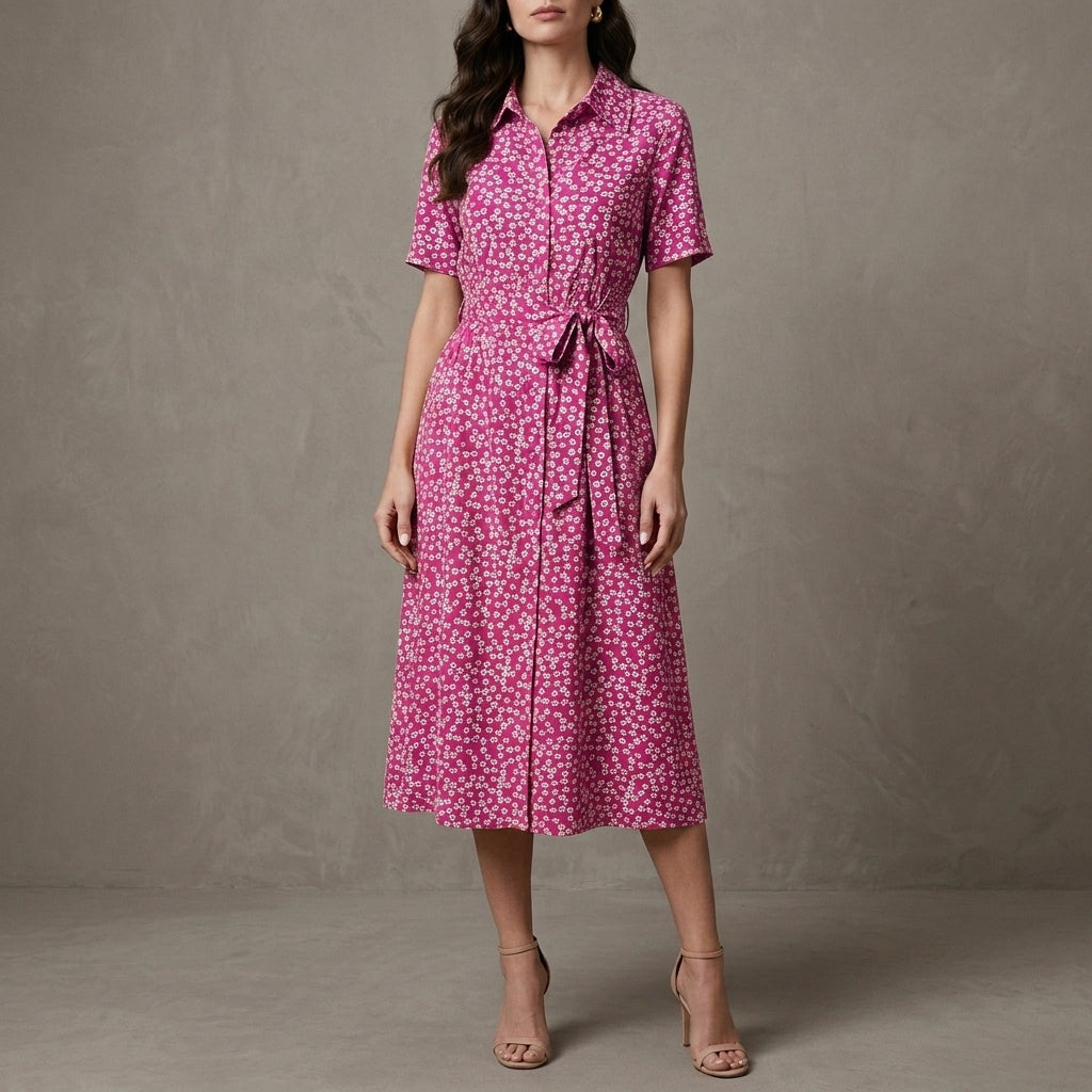 Graceful Floral Midi Dress with Adjustable Waist Tie