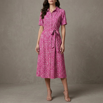 Graceful Floral Midi Dress with Adjustable Waist Tie