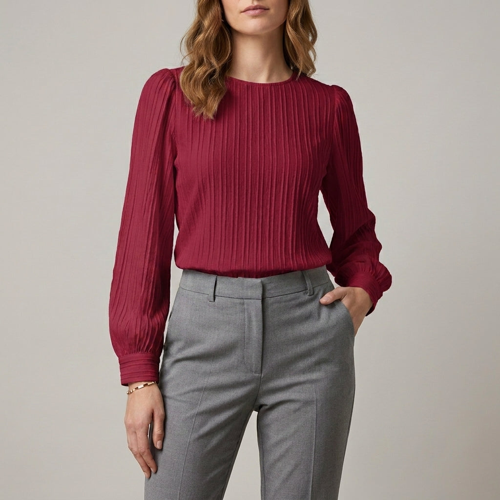 Refined Pleated Long Sleeve Blouse with Soft Puff Shoulders