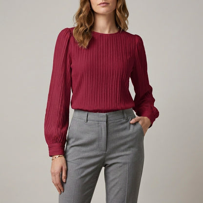 Refined Pleated Long Sleeve Blouse with Soft Puff Shoulders