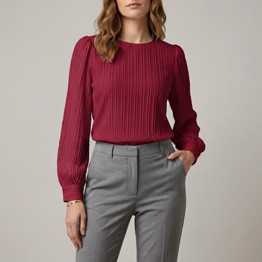Refined Pleated Long Sleeve Blouse with Soft Puff Shoulders