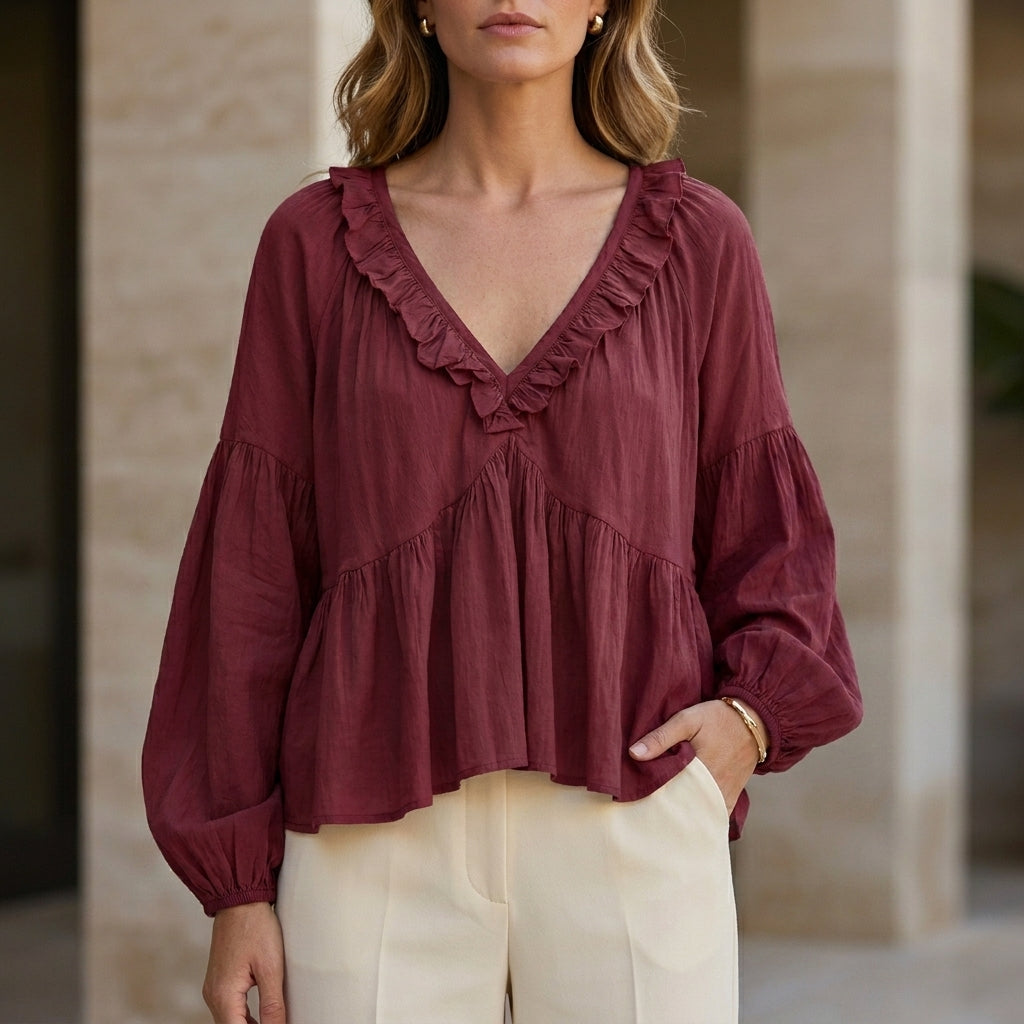 Ruffle Trim V-Neck Peplum Blouse