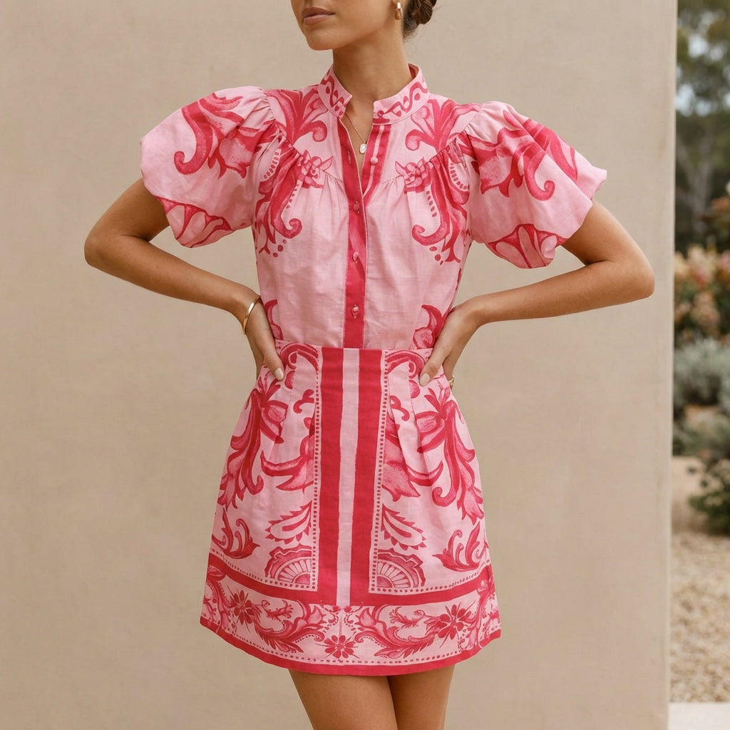 Puff Sleeve Mini Dress with Band Collar and A-Line Silhouette