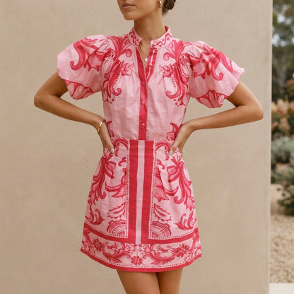 Puff Sleeve Mini Dress with Band Collar and A-Line Silhouette