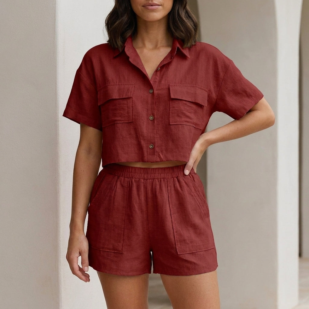 Button Front Pocket Shirt and Shorts Lounge Set
