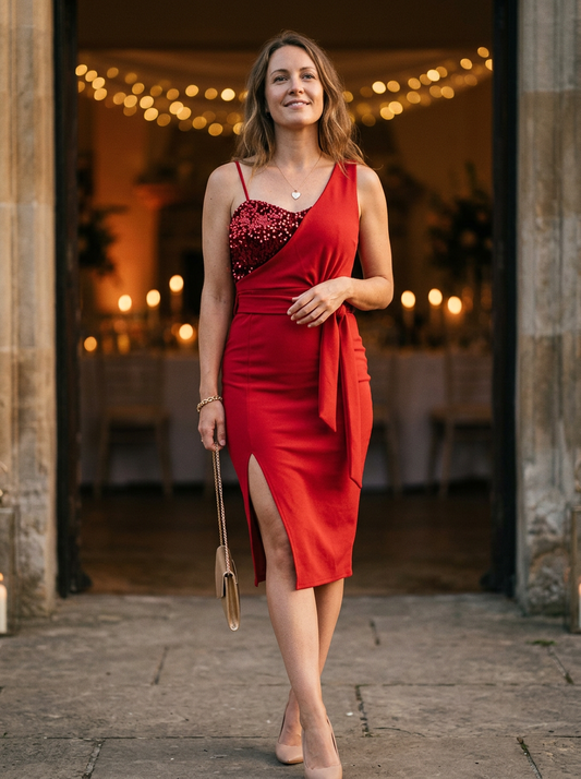 Sequined Sweetheart Bodycon Dress with Draped Bodice and Slit