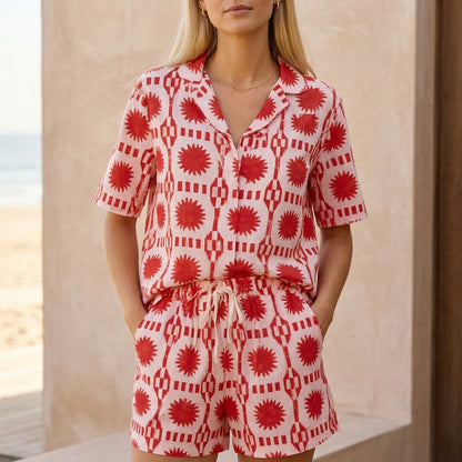 Relaxed 2-Piece Set with Notched Collar and Bold Geometric Print