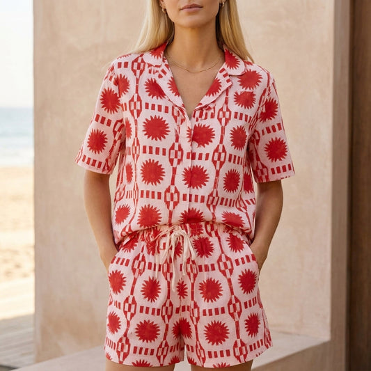 Relaxed 2-Piece Set with Notched Collar and Bold Geometric Print