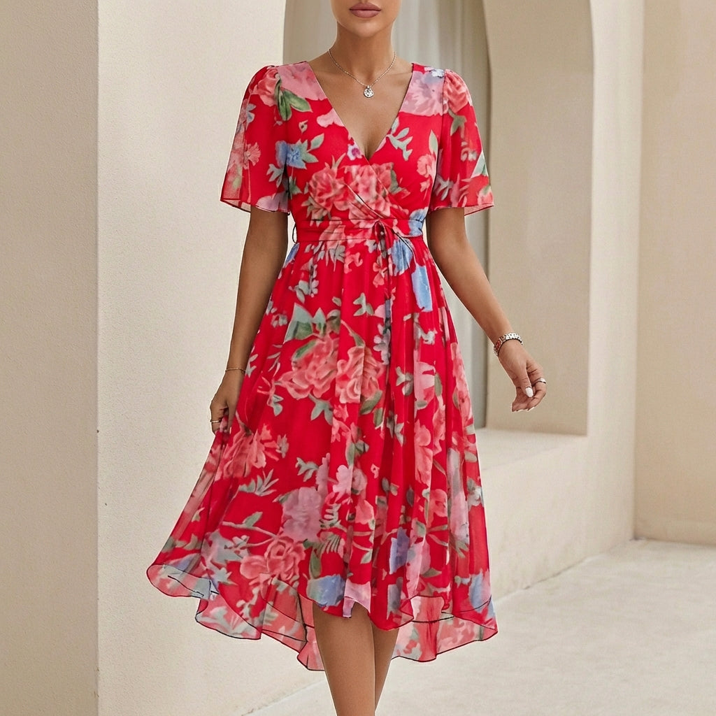 Sofia Amoretti Flowing Chiffon Wrap Midi Dress with Tie Waist