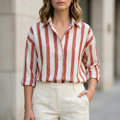 Relaxed Vertical Stripe Button-Up Blouse