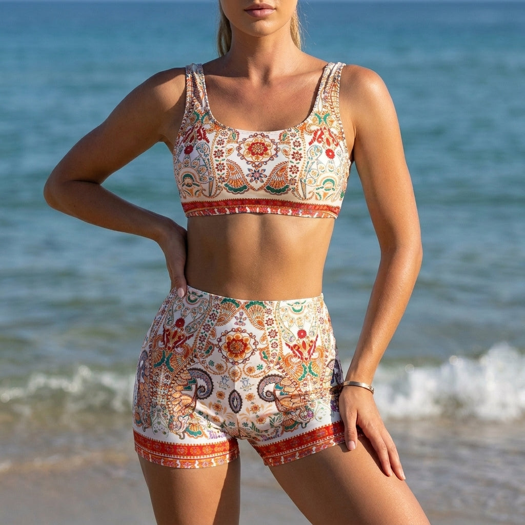 Ethnic Print Two-Piece Fitted Bikini Set with Cropped Scoop Neck Top